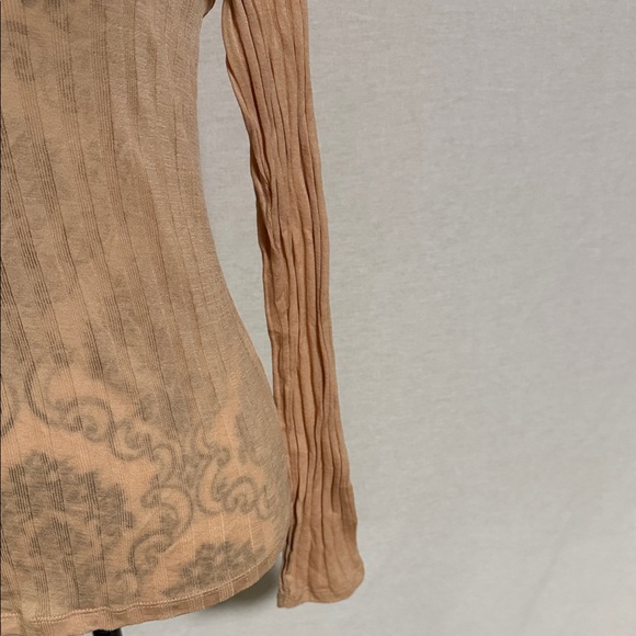 Vince Women’s Rib Cotton Long Sleeve Funnel Neck Sheer Top Color Tawny Peach NWT - Picture 3 of 14